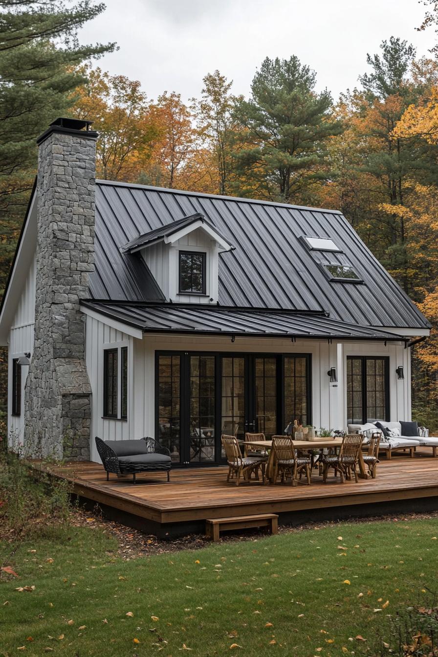 rustic modern cabin with white siding and black roof with stone chimney wooden deck with furniture grass lawn forest in the background