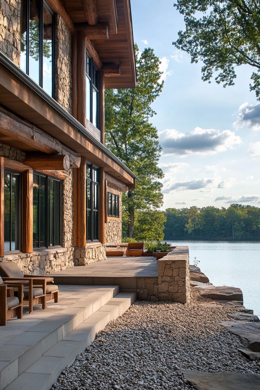 rustic modern lake house log facade with stucco Italian lakeside 1