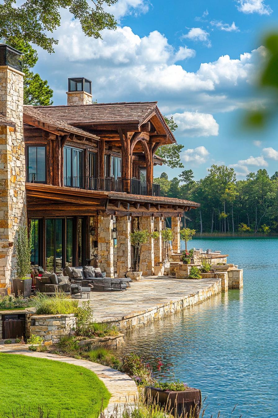 rustic modern lake house log facade with stucco Italian lakeside 2