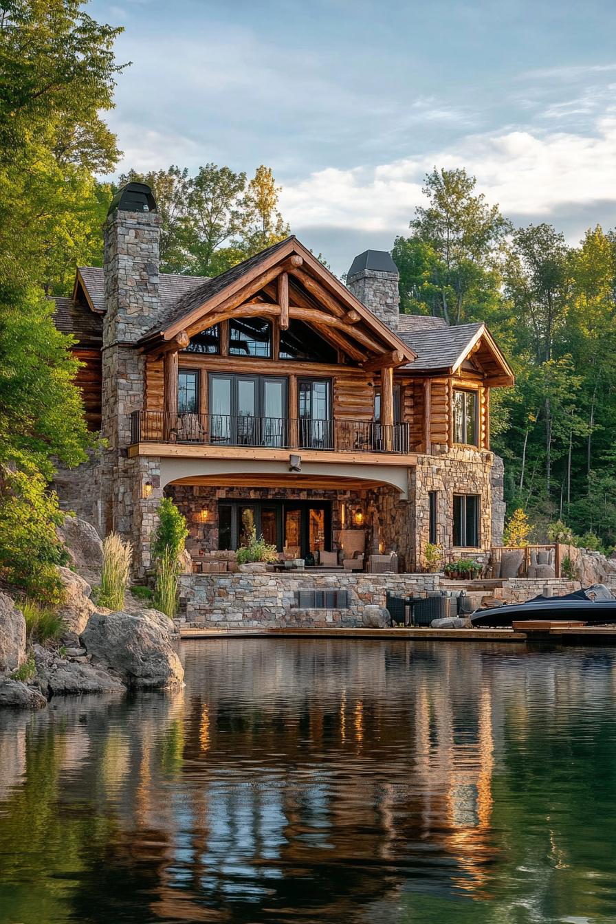 rustic modern lake house log facade with stucco Italian lakeside 3