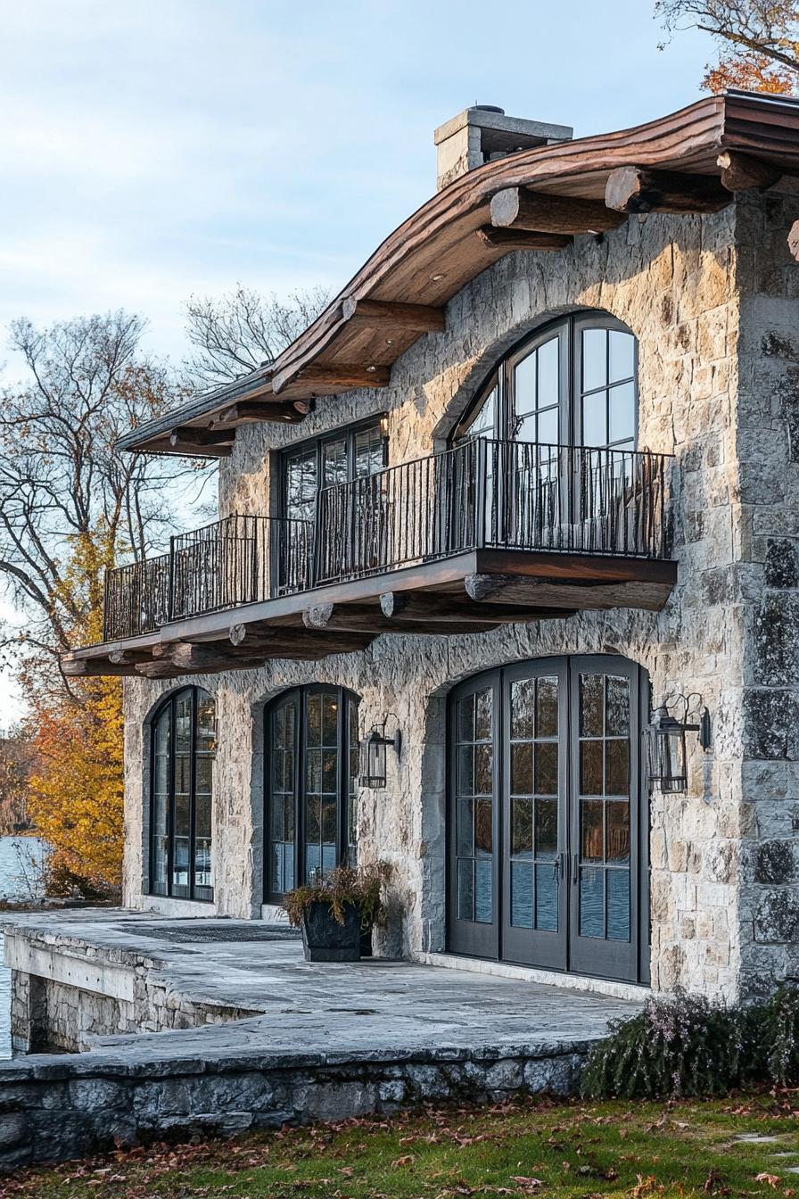 rustic modern lake house log facade with stucco Italian lakeside