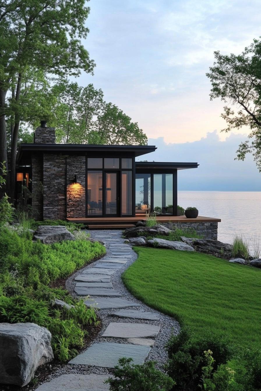 small modern house on a lakeshore with lawn and stone paths