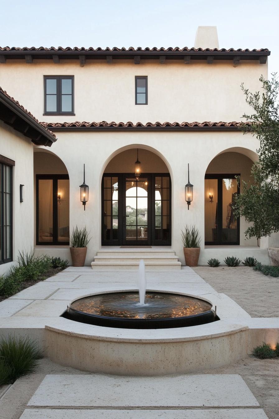 small modern mediterranean house with arched doorways courtyard with fountain 2