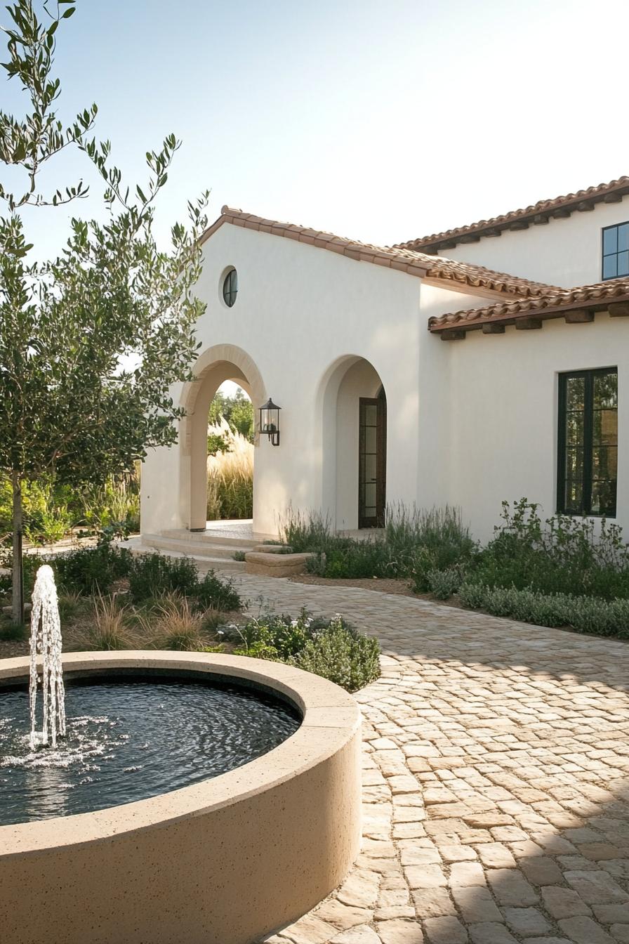 small modern mediterranean house with arched doorways courtyard with fountain 3