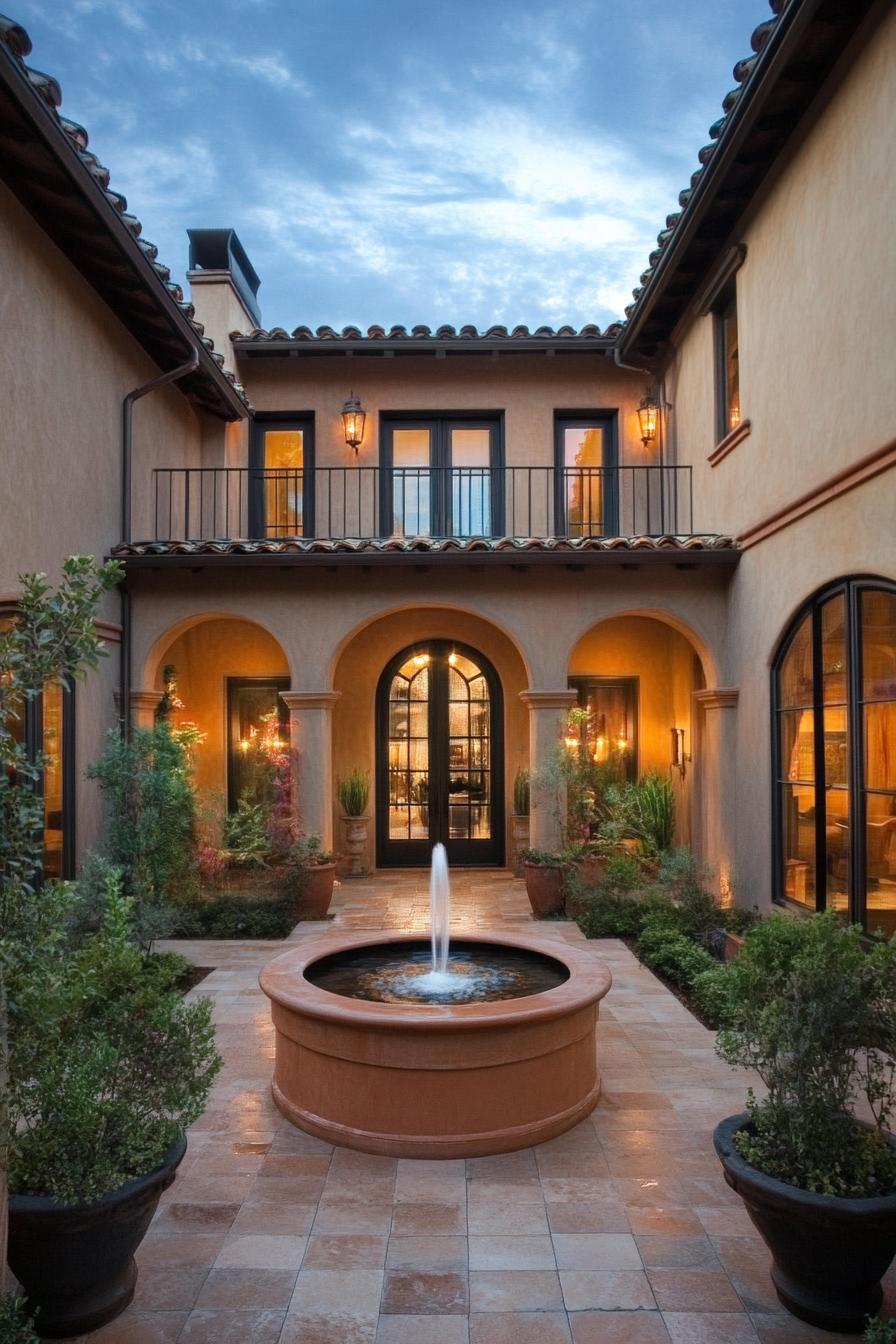 small modern mediterranean house with arched doorways courtyard with fountain