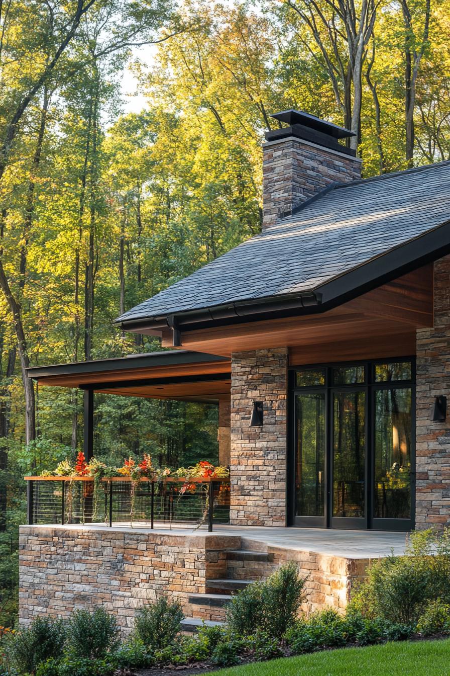 small modern mountain house facade with varying shade brick wood and black steel accents slate tile roof with a brick chminey raised stone deck in mountain forest clearing 1