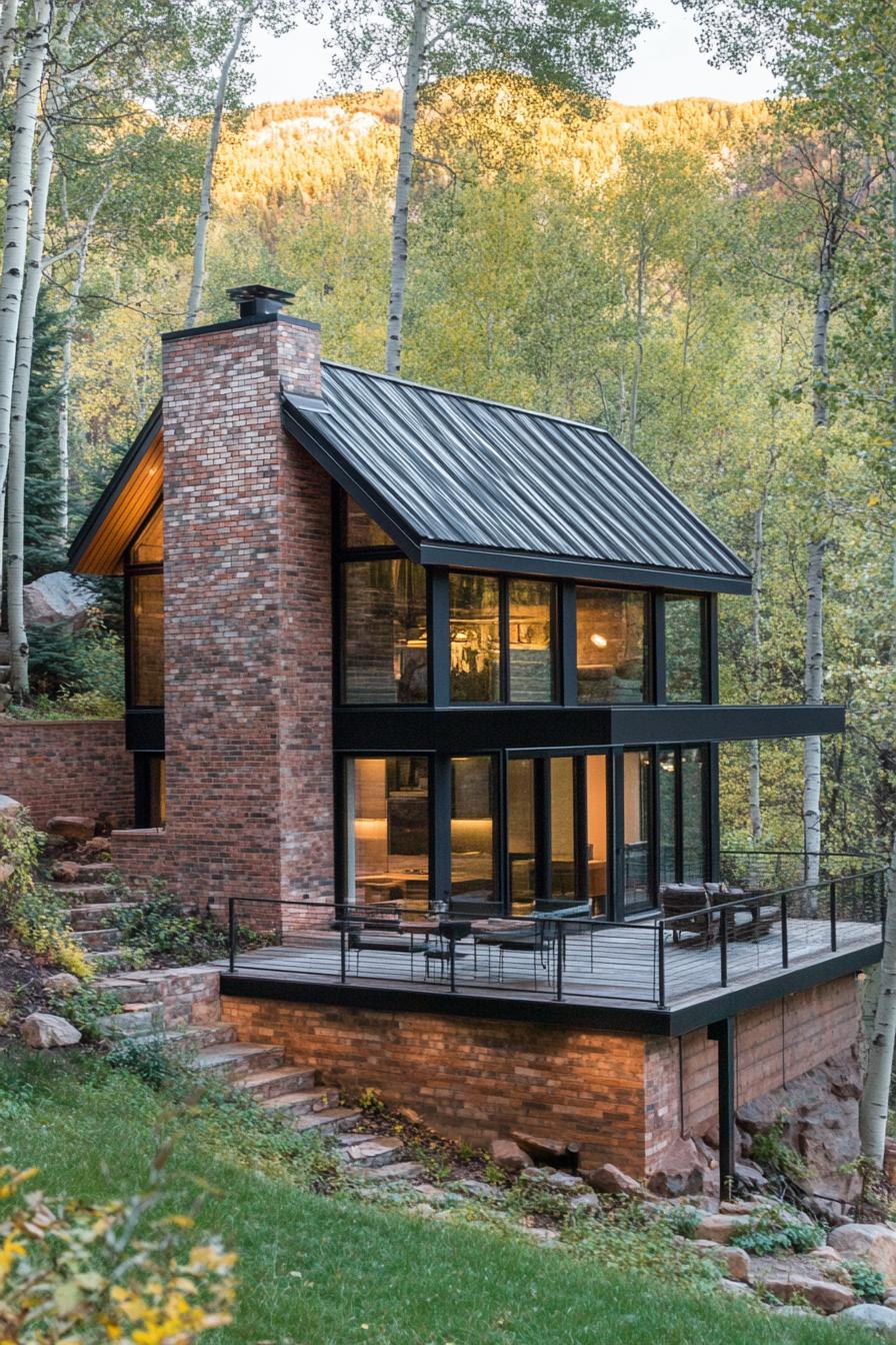 small modern mountain house facade with varying shade brick wood and black steel accents slate tile roof with a brick chminey raised stone deck in mountain forest clearing 2