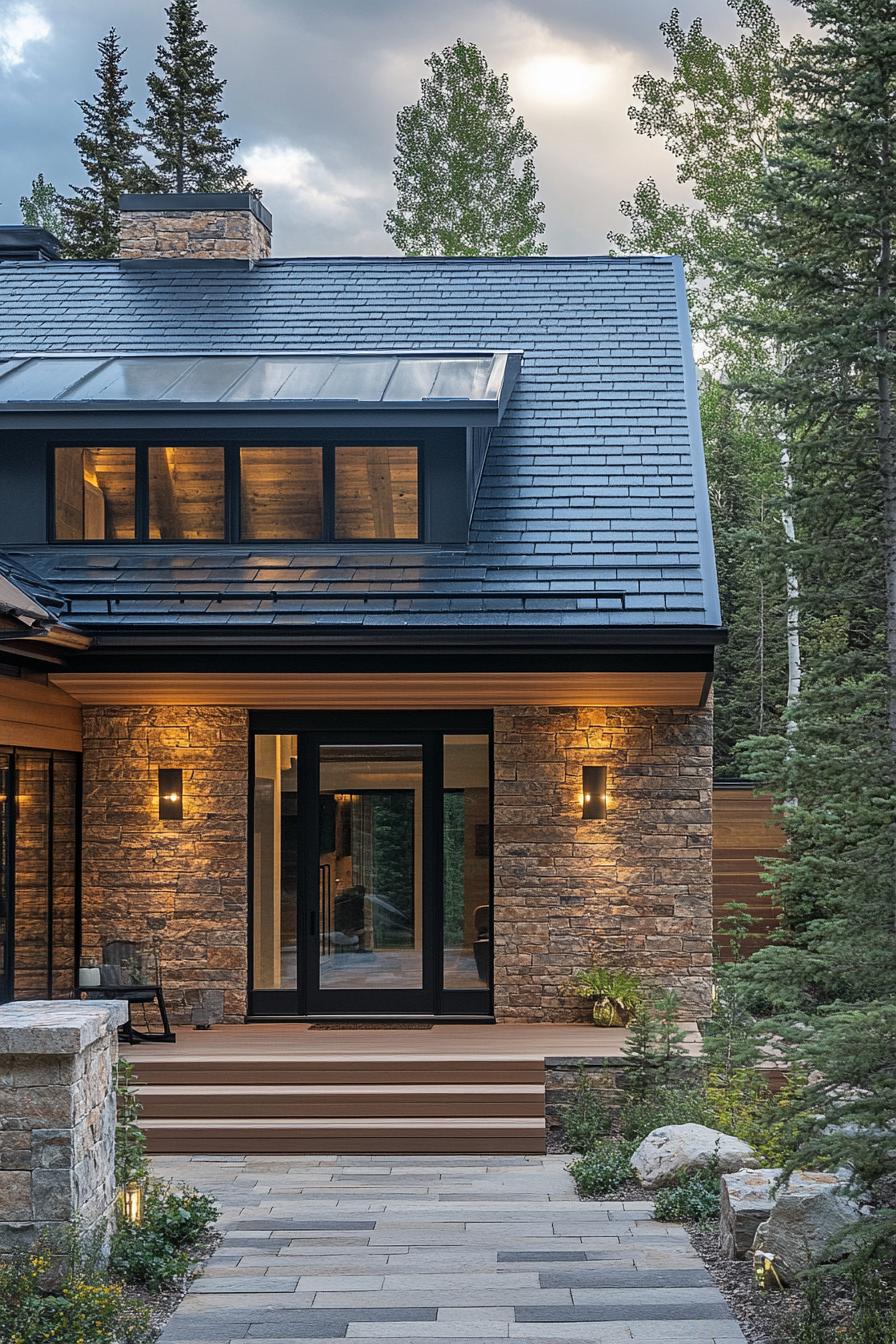 small modern mountain house facade with varying shade brick wood and black steel accents slate tile roof with a brick chminey raised stone deck in mountain forest clearing 3