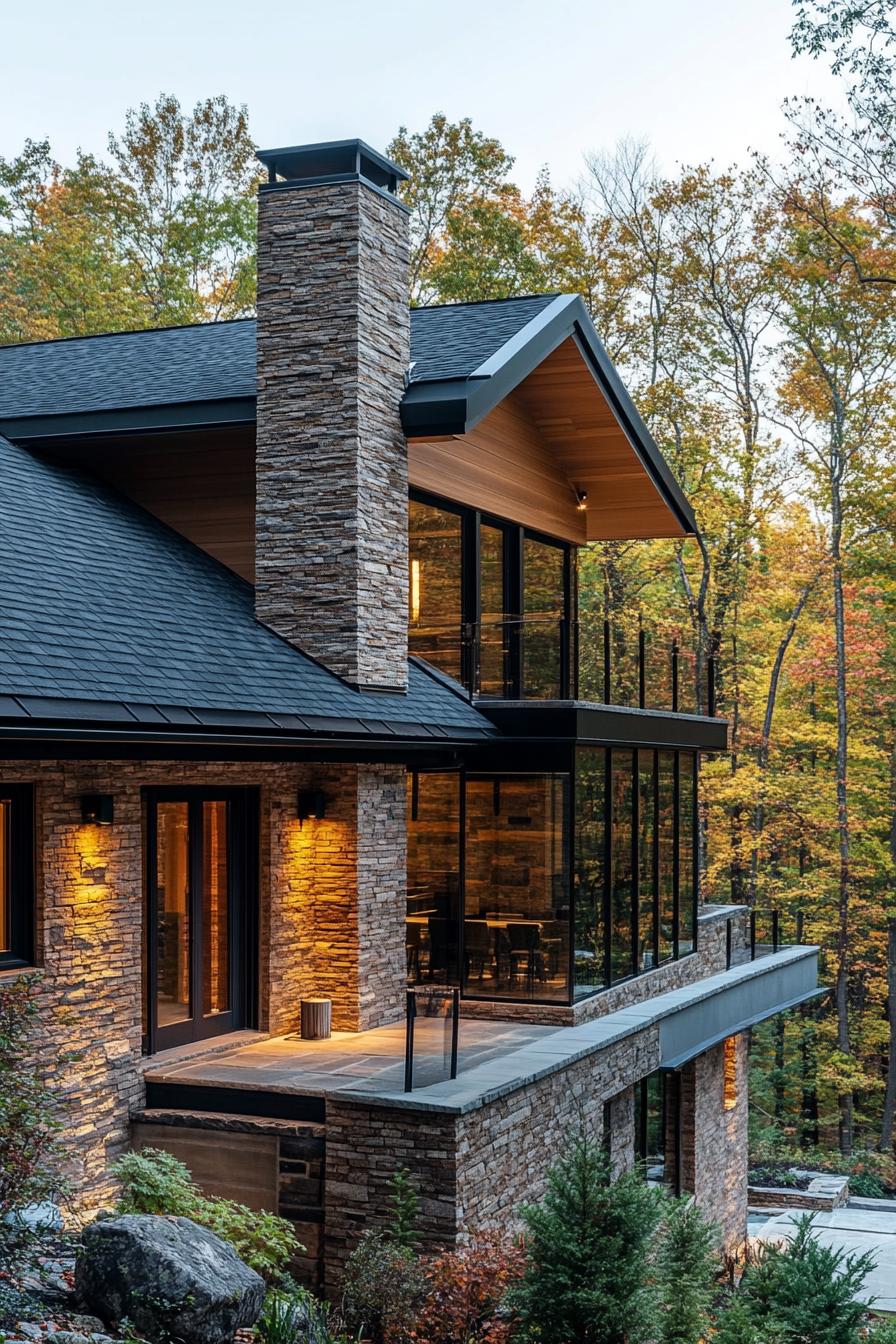 small modern mountain house facade with varying shade brick wood and black steel accents slate tile roof with a brick chminey raised stone deck in mountain forest clearing