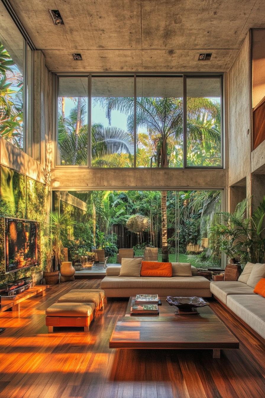 view from inside a modern house to a lush tropical garden through full wall windows the room has concrete ceilings and hardwood floor modern living 1