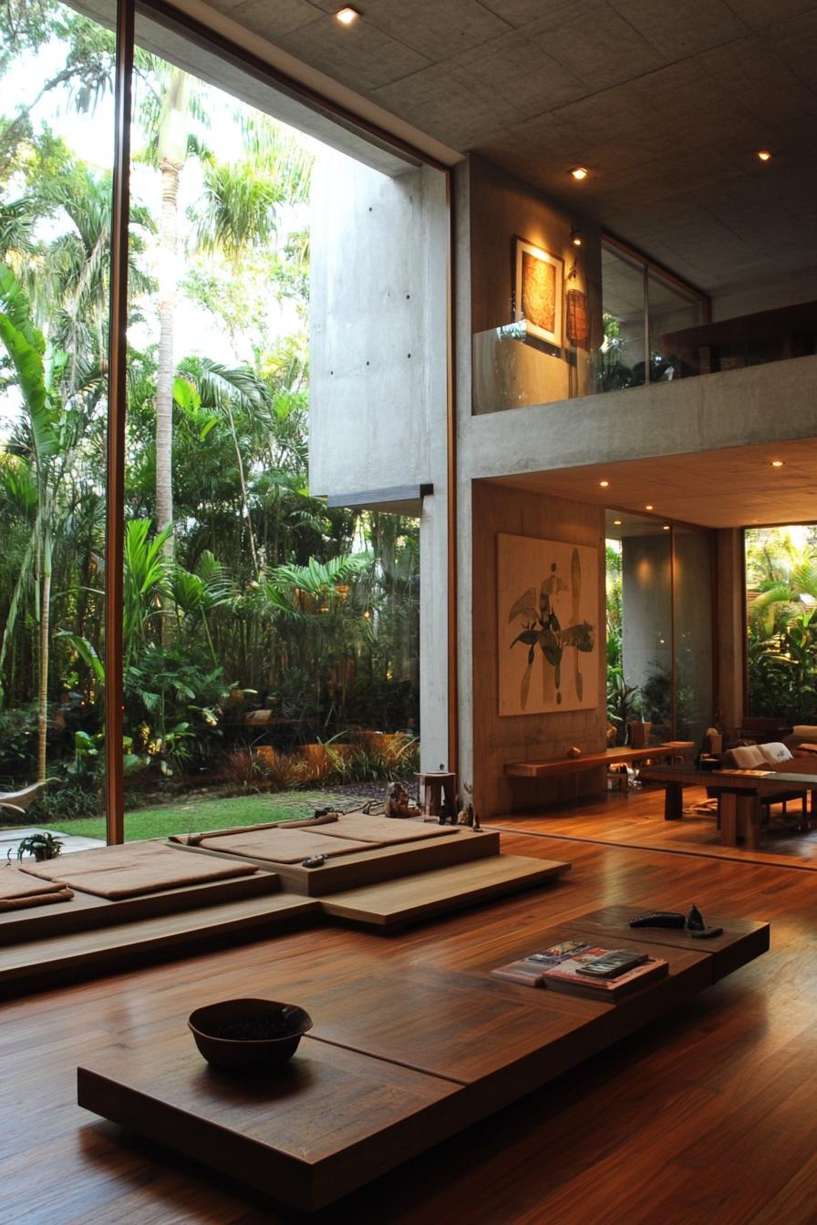 view from inside a modern house to a lush tropical garden through full wall windows the room has concrete ceilings and hardwood floor modern living 2