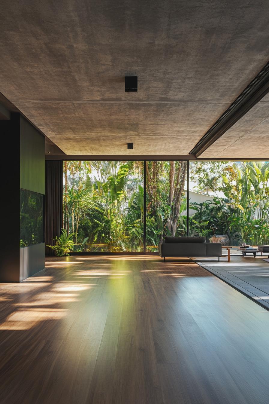 view from inside a modern house to a lush tropical garden through full wall windows the room has concrete ceilings and hardwood floor modern living