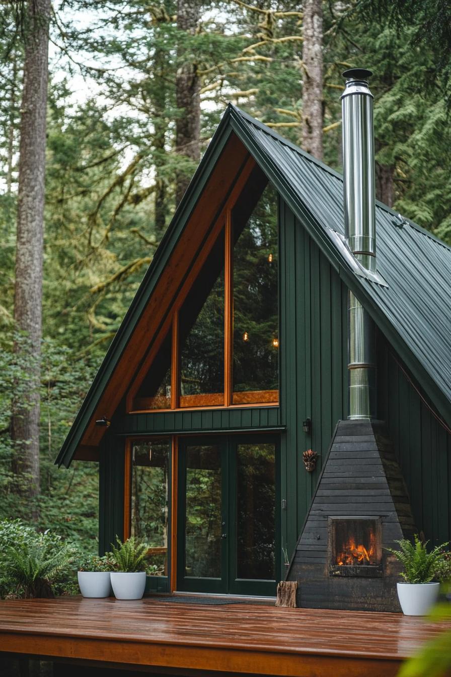 view from the deck of a deep dark green a frame cabin with full glass windows and natural wood door with glass panels chromed chimney on the roof 1