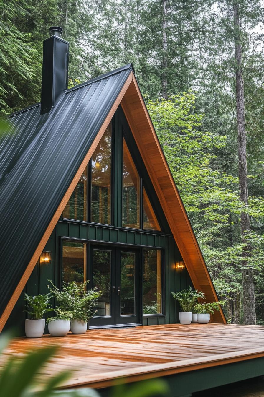 view from the deck of a deep dark green a frame cabin with full glass windows and natural wood door with glass panels chromed chimney on the roof 2