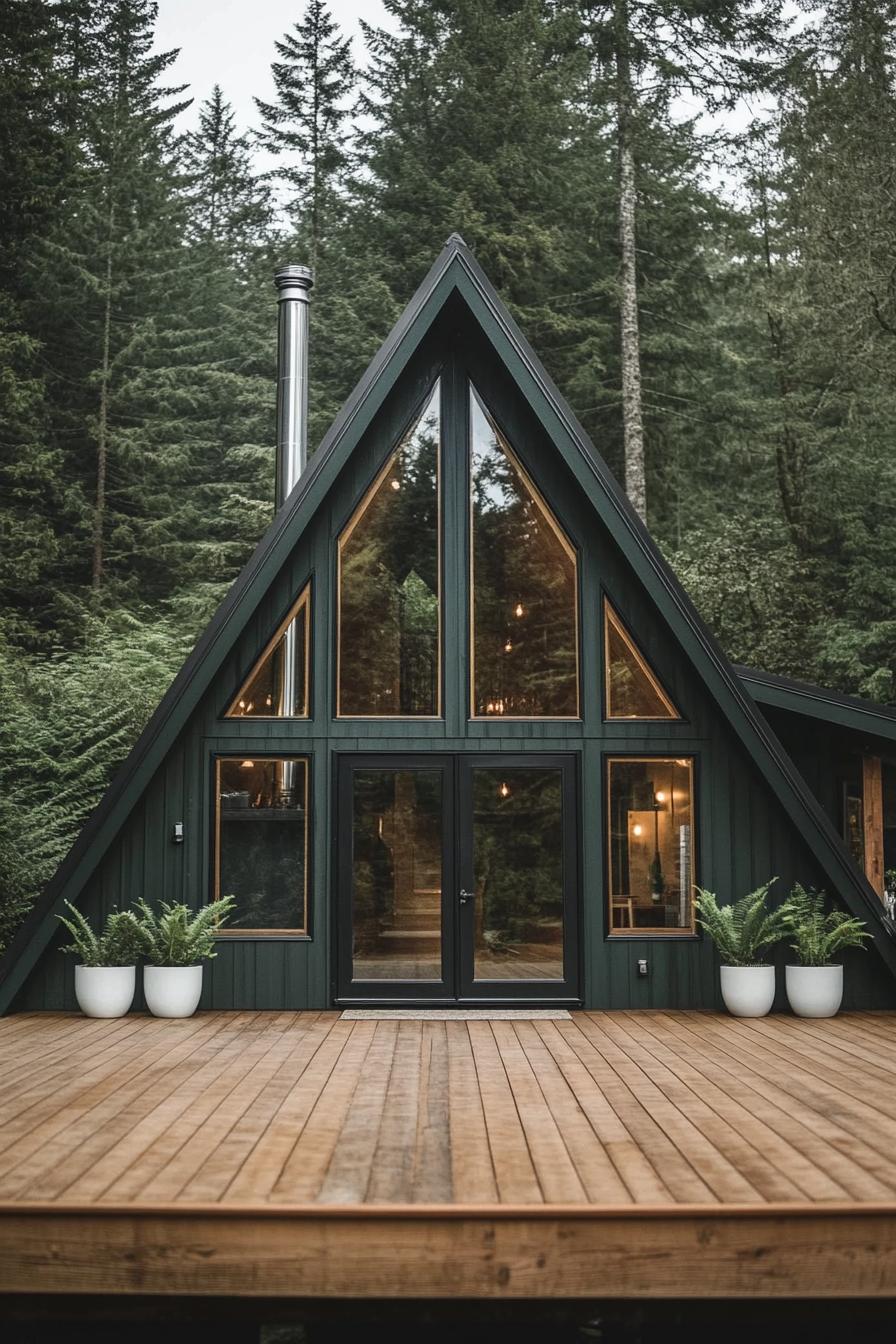 view from the deck of a deep dark green a frame cabin with full glass windows and natural wood door with glass panels chromed chimney on the roof 3