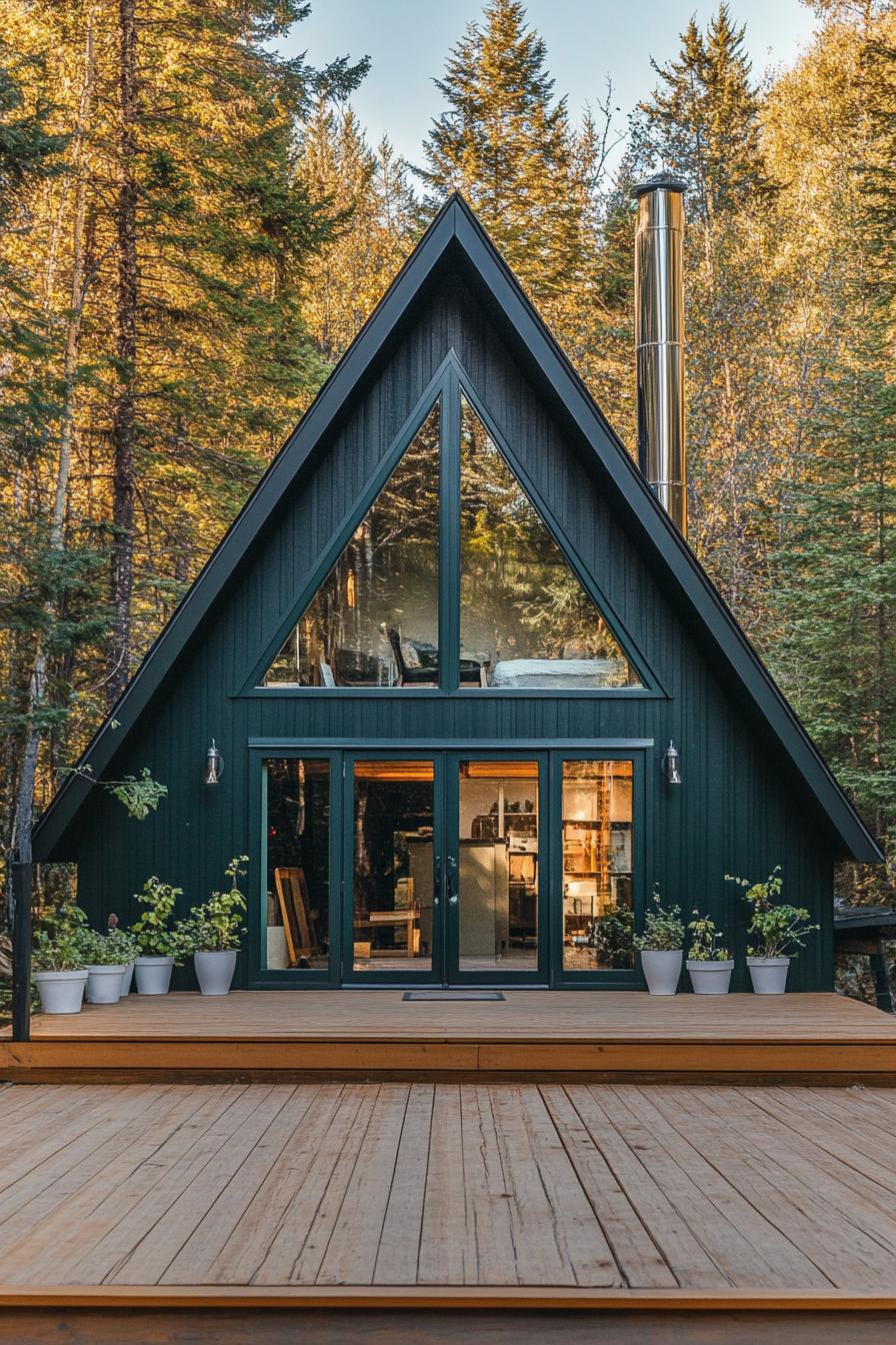 view from the deck of a deep dark green a frame cabin with full glass windows and natural wood door with glass panels chromed chimney on the roof