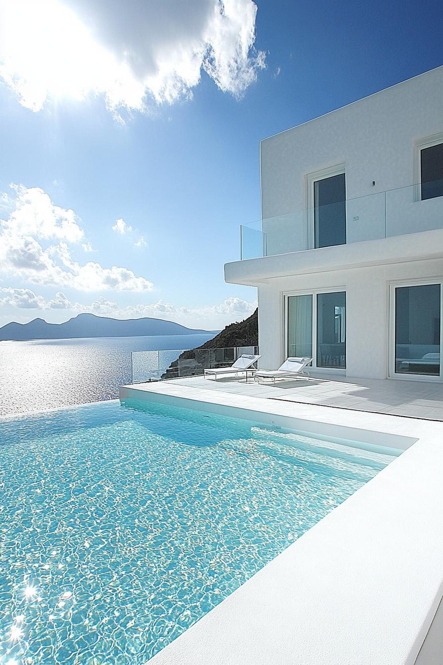 white stucco villa with modern windows white pool deck with infinity pool close to the house glass railings stunning sea views