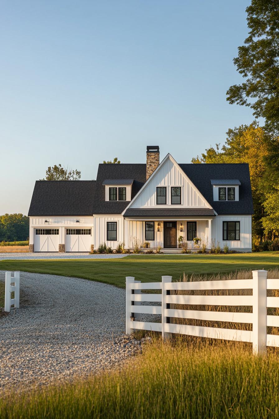 wide angle view of a modern farmhouse exterior in white board and batten siding black multi pitched roof with dormers brown stone chimney detached 1