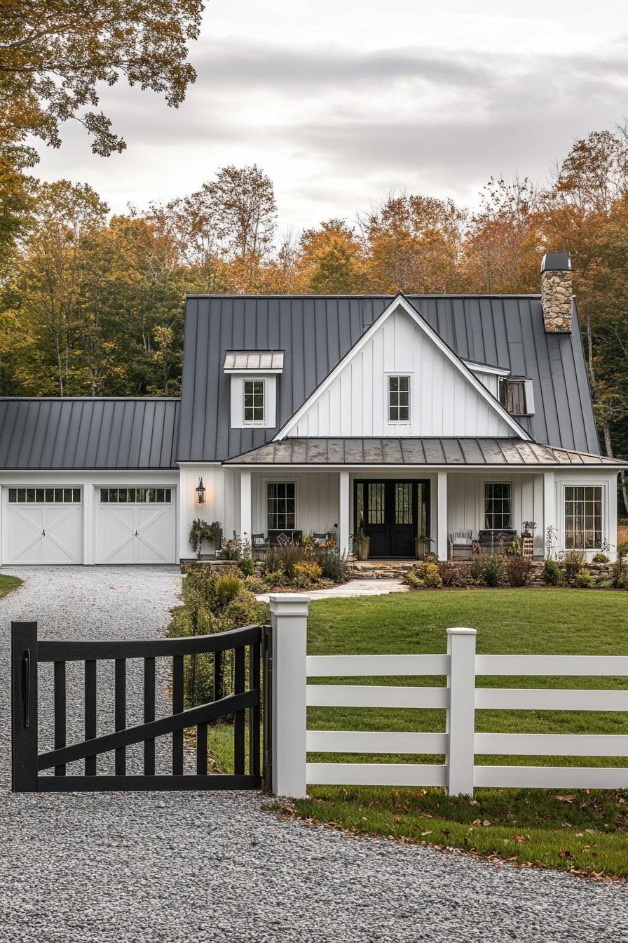 wide angle view of a modern farmhouse exterior in white board and batten siding black multi pitched roof with dormers brown stone chimney detached 2