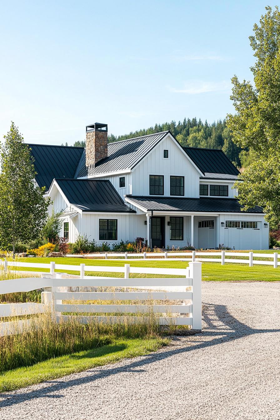 wide angle view of a modern farmhouse exterior in white board and batten siding black multi pitched roof with dormers brown stone chimney detached 3