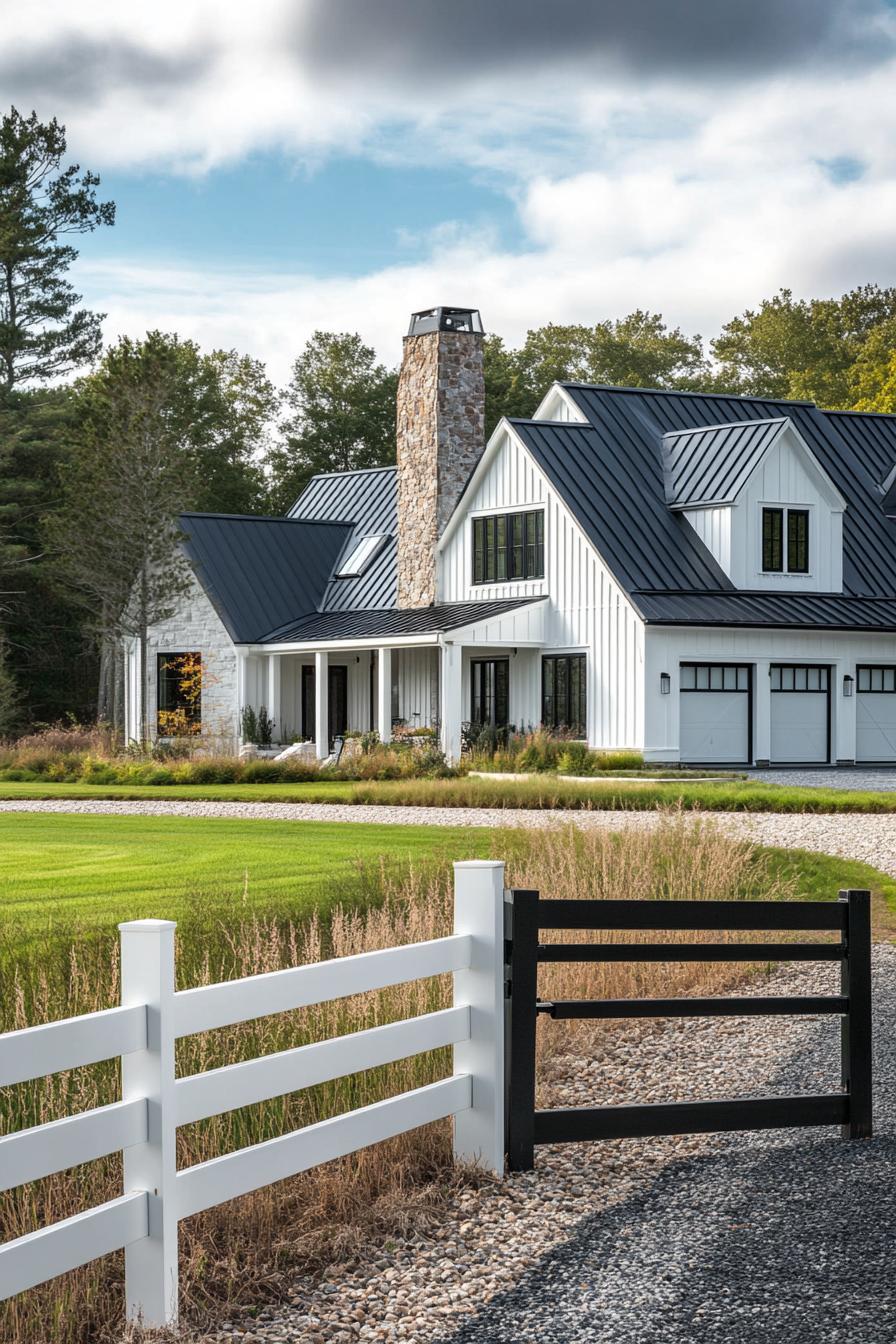 wide angle view of a modern farmhouse exterior in white board and batten siding black multi pitched roof with dormers brown stone chimney detached