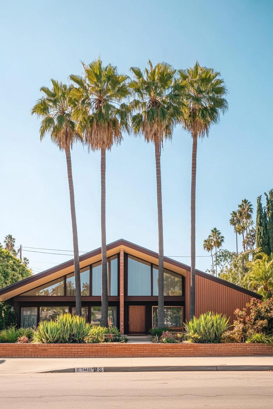 70s midcentury house facade with large windows tall palm trees in the front yard 1