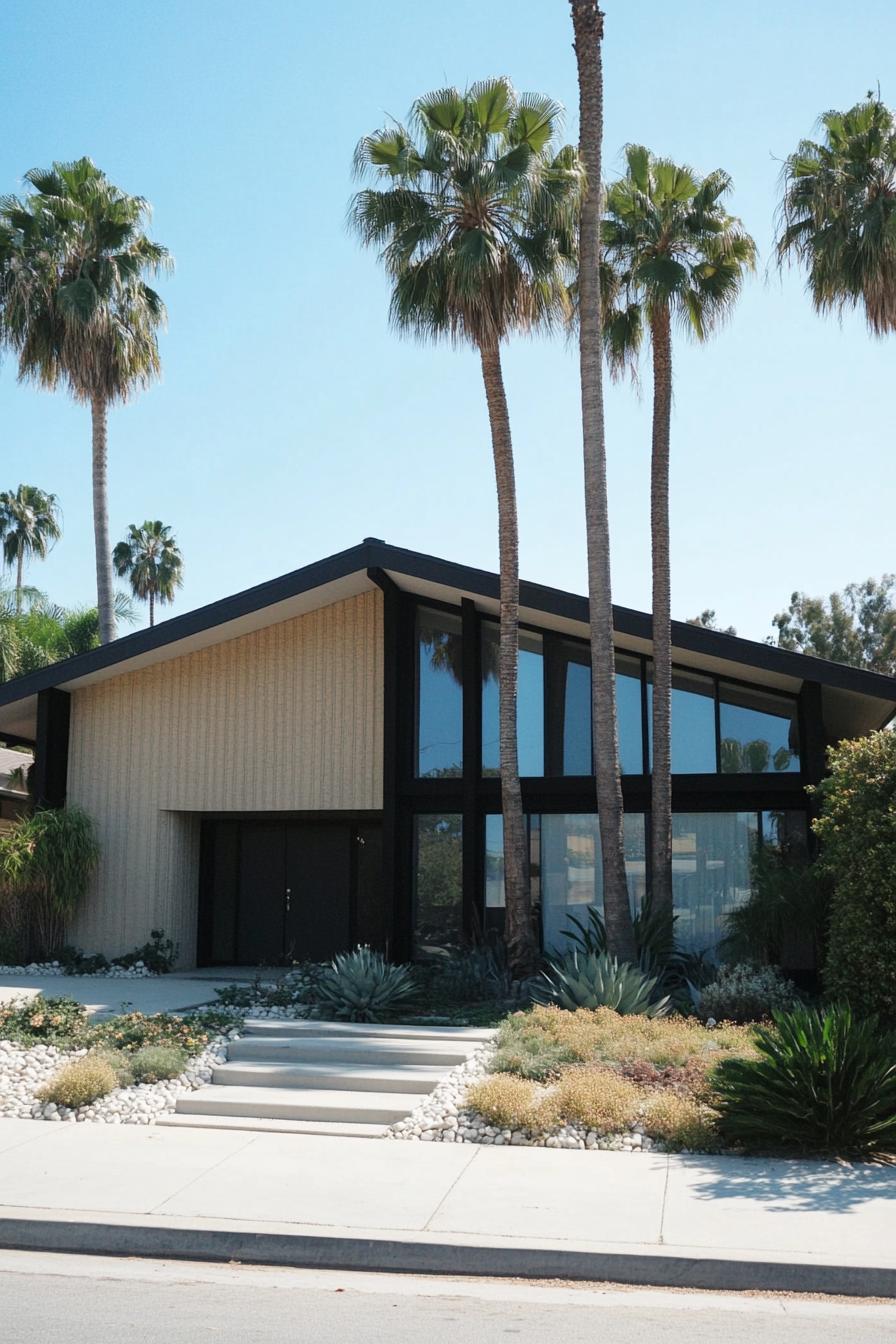 70s midcentury house facade with large windows tall palm trees in the front yard 2