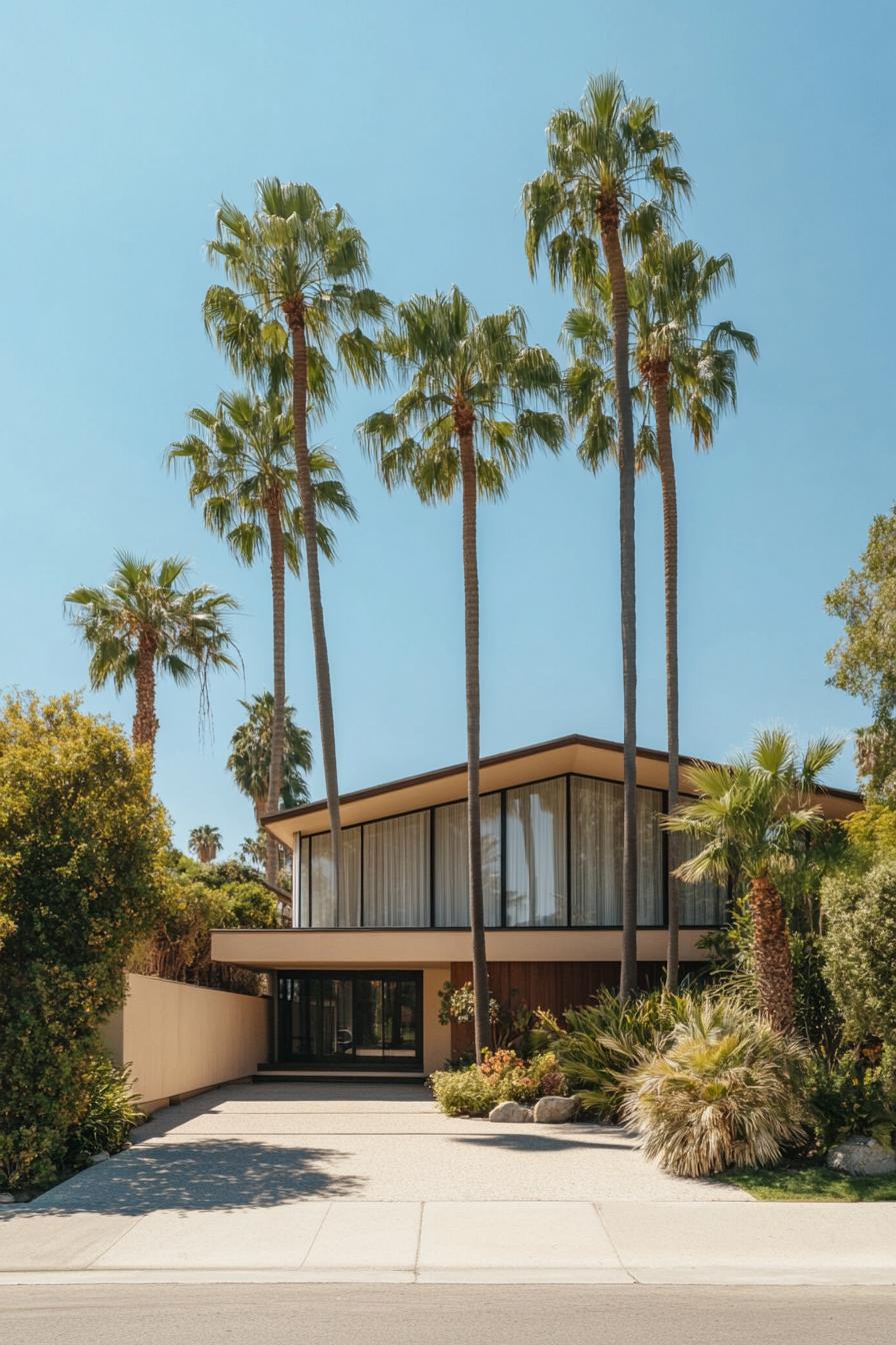 70s midcentury house facade with large windows tall palm trees in the front yard 3