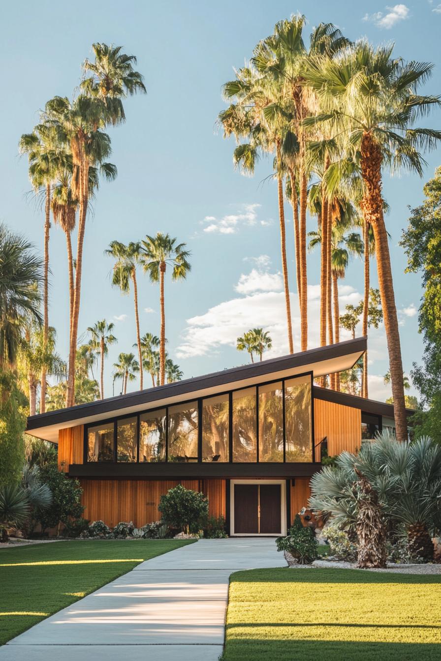 70s midcentury house facade with large windows tall palm trees in the front yard