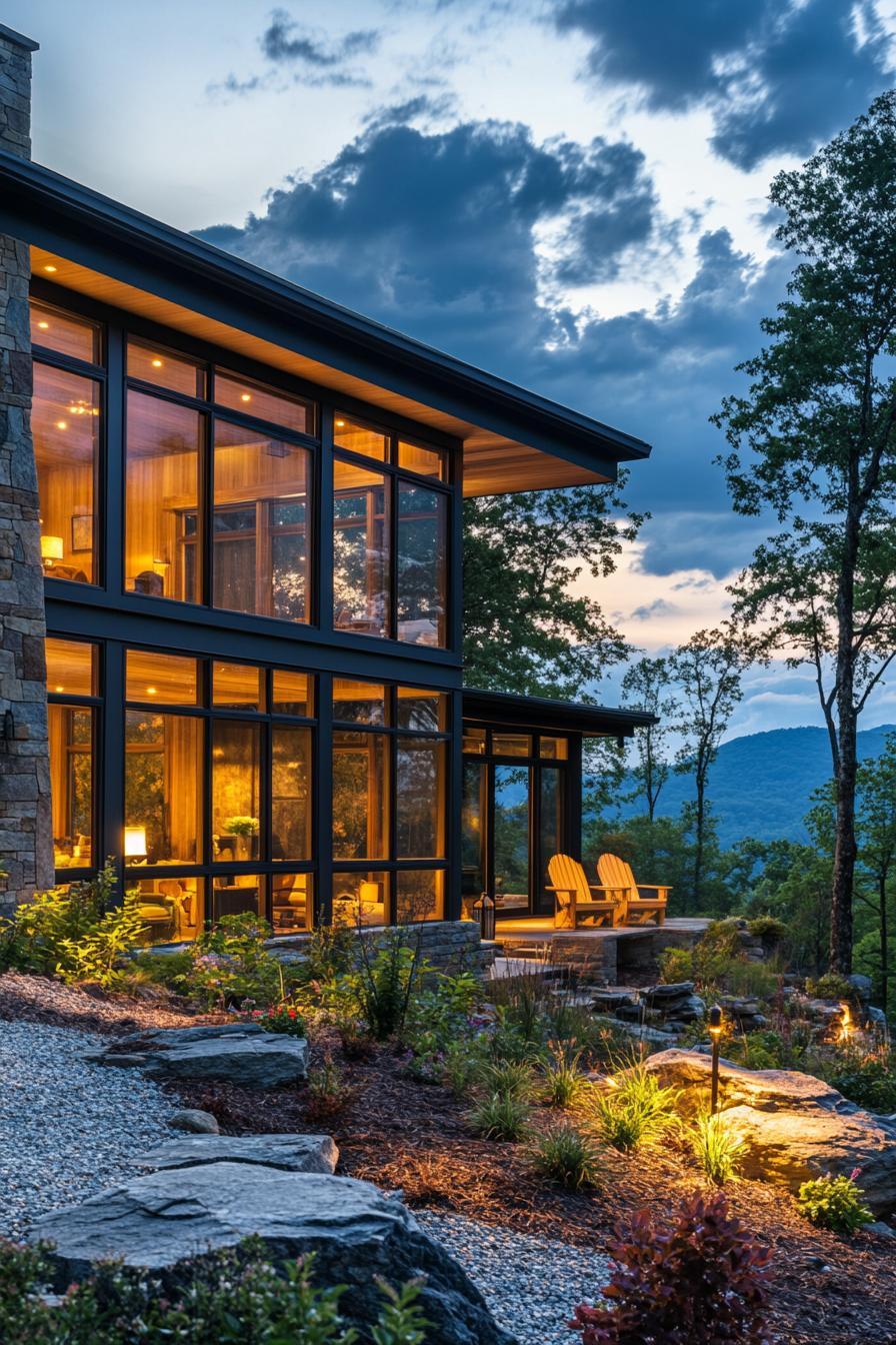 A beautiful modern mountain home in the Appalachian Mountains with large windows and a stone terrace with an adirondack chair v 6.1