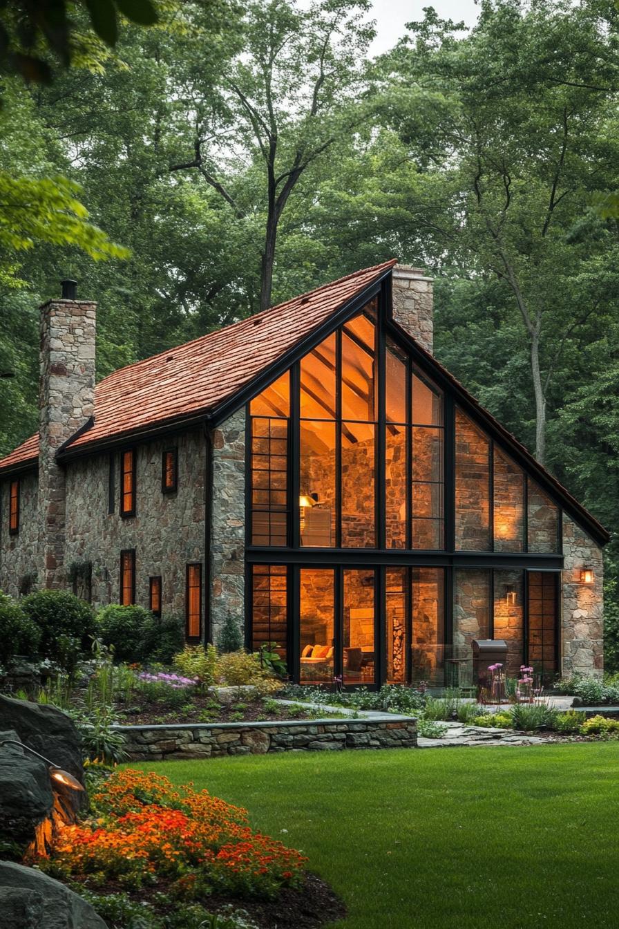 A contemporary stone house featuring an angled glass facade dominates the foreground. The glass sections reveal an inviting interior glowing with 1