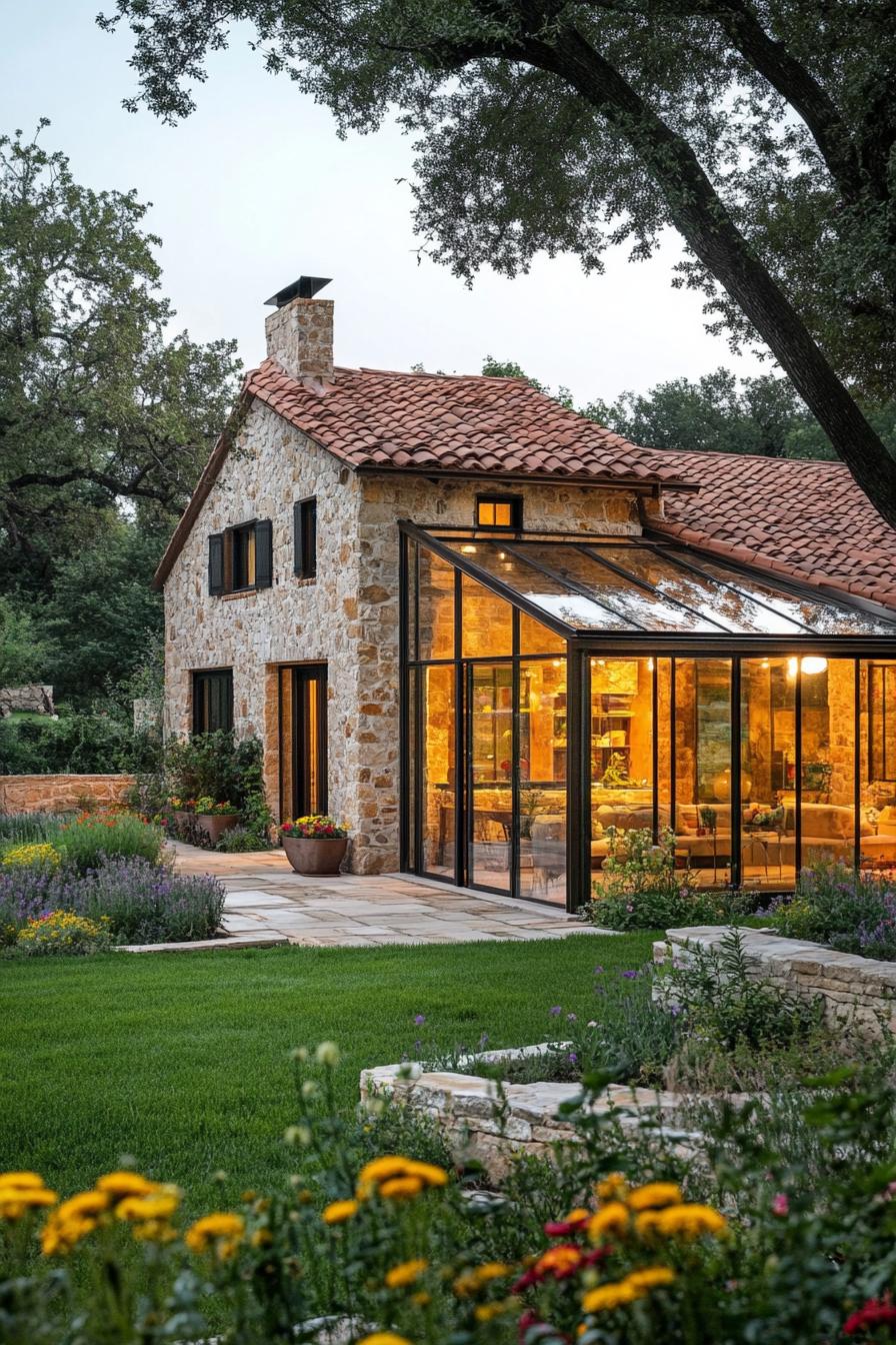 A contemporary stone house featuring an angled glass facade dominates the foreground. The glass sections reveal an inviting interior glowing with 2