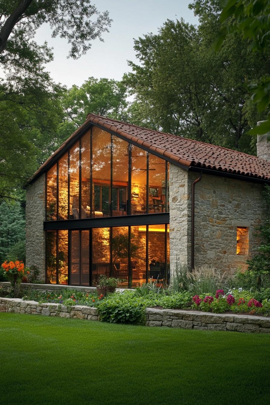 A contemporary stone house featuring an angled glass facade dominates the foreground. The glass sections reveal an inviting interior glowing with 3