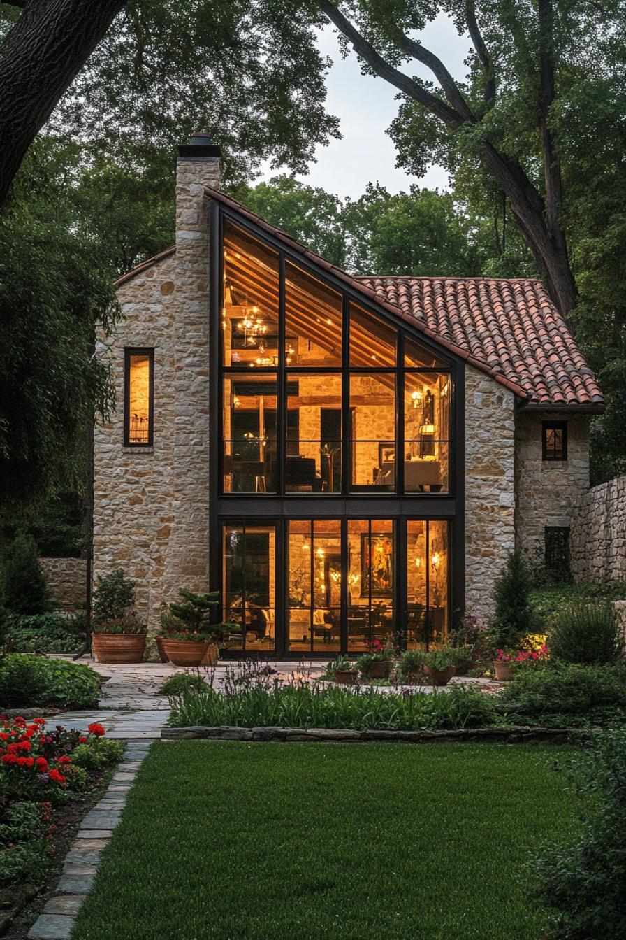 A contemporary stone house featuring an angled glass facade dominates the foreground. The glass sections reveal an inviting interior glowing with