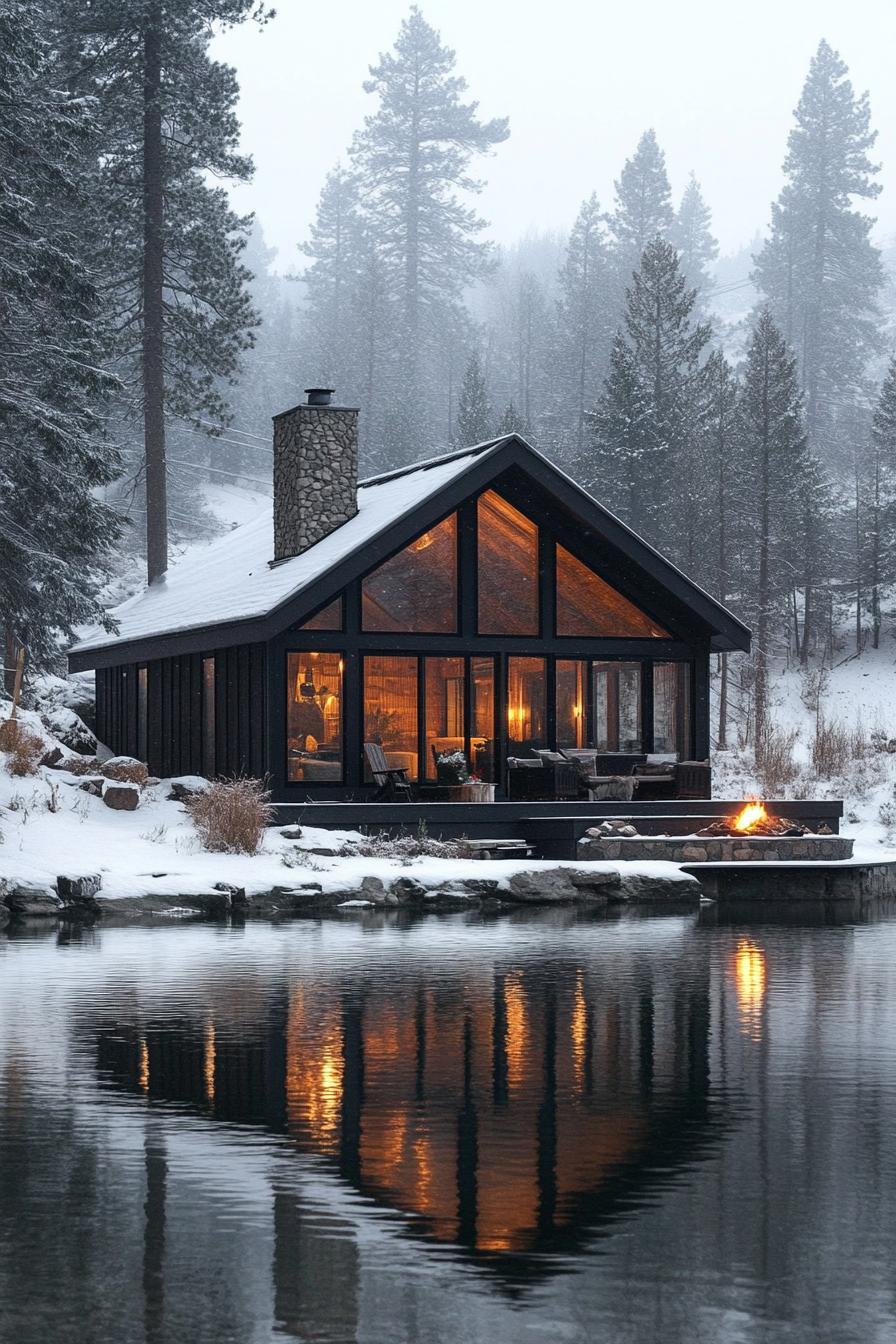 A modern and inviting cabin is nestled beside a tranquil lake surrounded by snow covered ground and tall slender pine trees. The cabin is 1