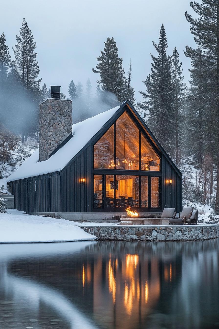 A modern and inviting cabin is nestled beside a tranquil lake surrounded by snow covered ground and tall slender pine trees. The cabin is