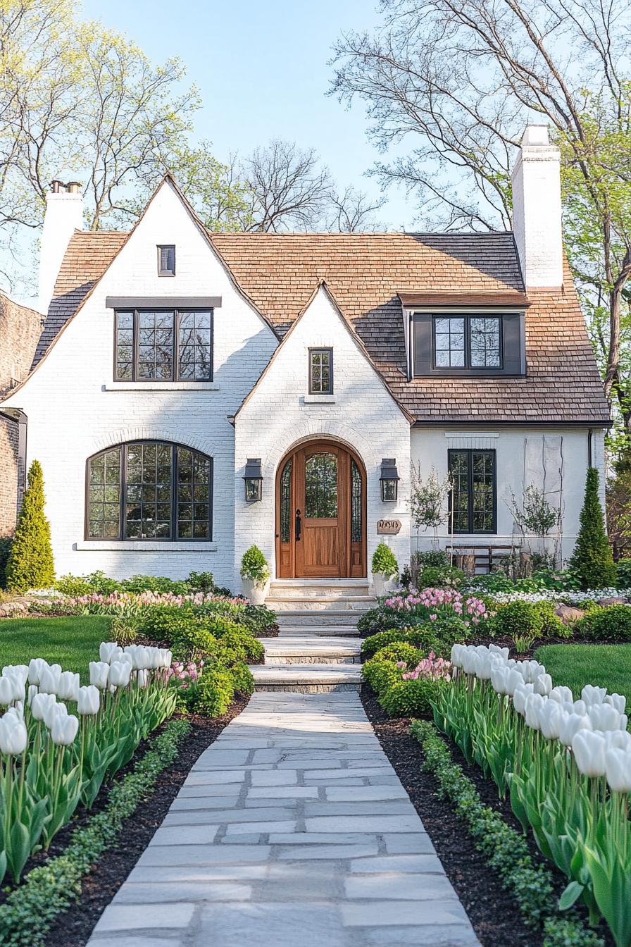 English cottage house white brick facade with white window tims cedar shingle roof arched front door small front yard with shrubs white tulips and stone pathway 1