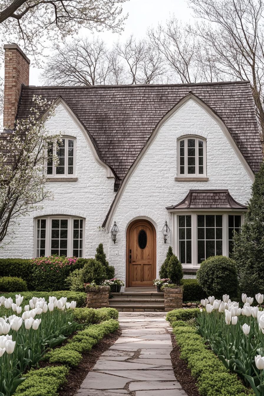 English cottage house white brick facade with white window tims cedar shingle roof arched front door small front yard with shrubs white tulips and stone pathway 2