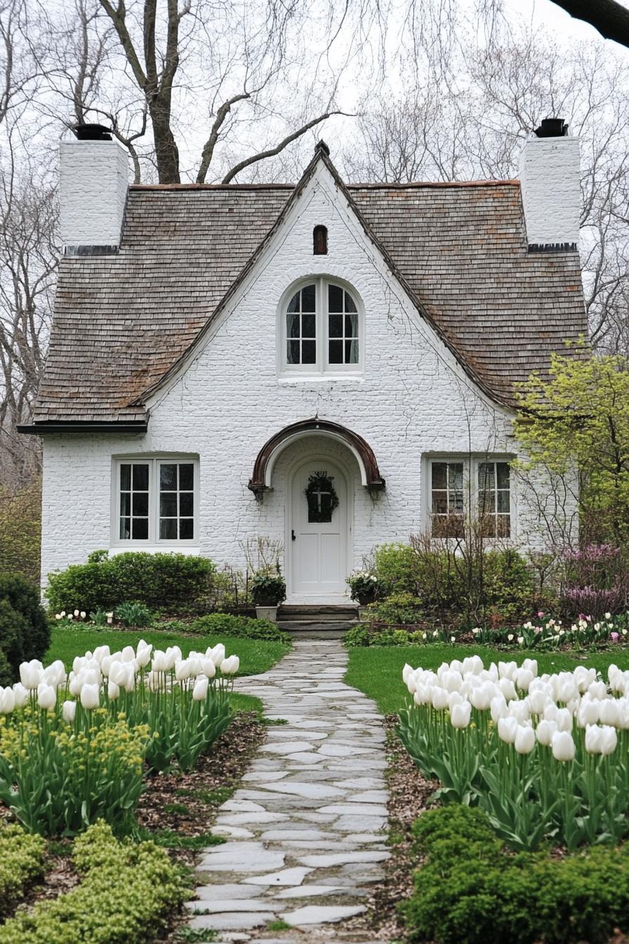 English cottage house white brick facade with white window tims cedar shingle roof arched front door small front yard with shrubs white tulips and stone pathway 3