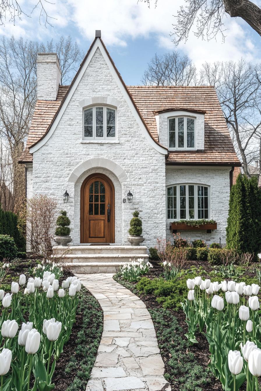 English cottage house white brick facade with white window tims cedar shingle roof arched front door small front yard with shrubs white tulips and stone pathway