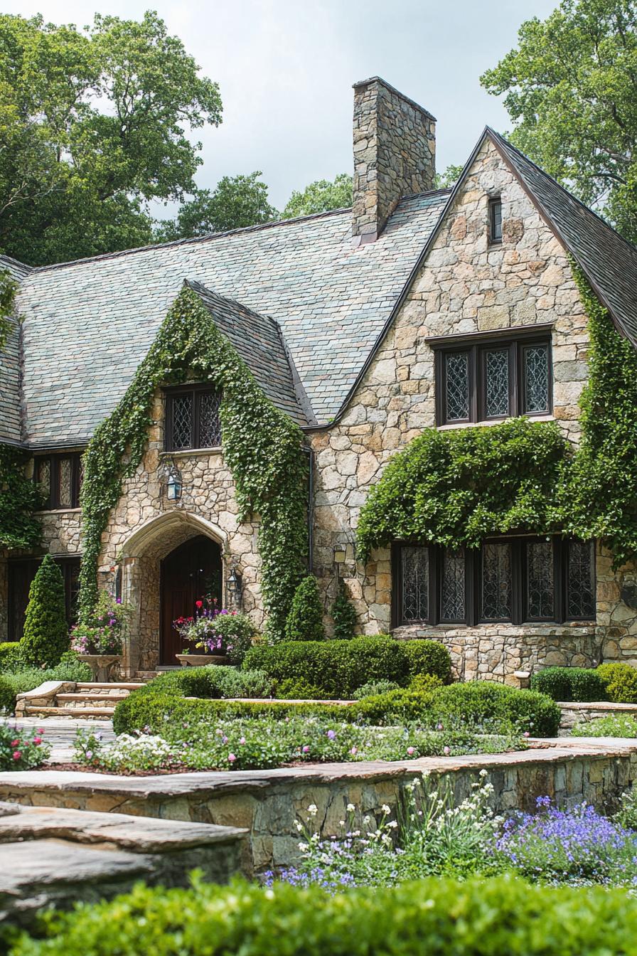 English country cottage manor with stone facade with climber vines roof gables stone fences front garden with wildflowers 1