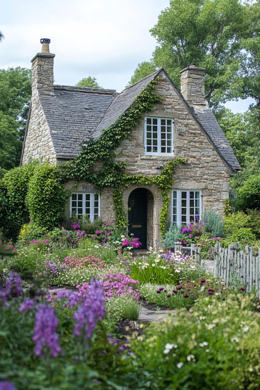 English country cottage manor with stone facade with climber vines roof gables stone fences front garden with wildflowers