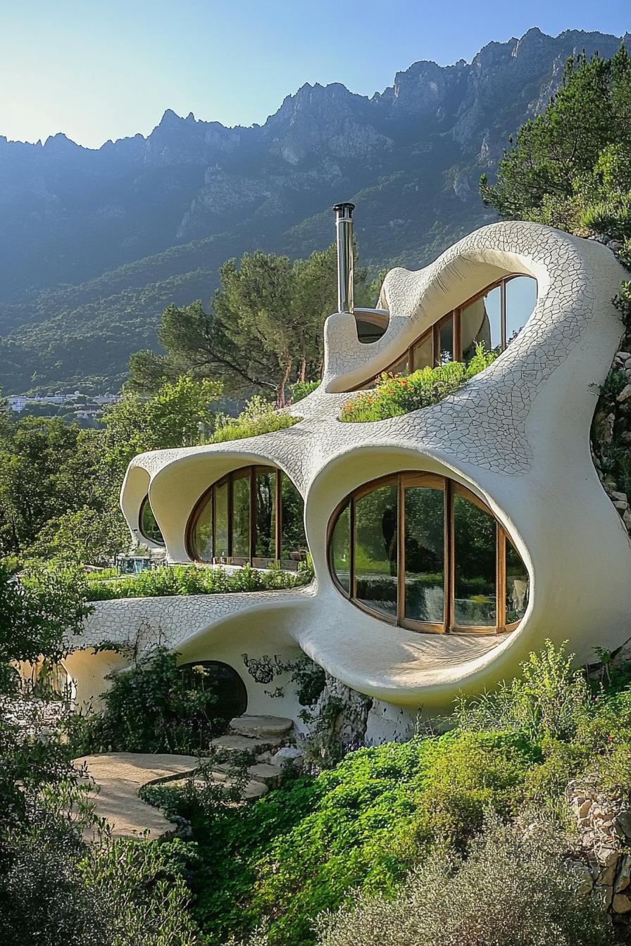 Gaudi style curved organic architecture house with green areas mountain range in the background 1