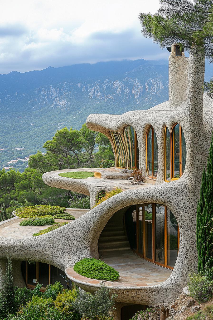 Gaudi style curved organic architecture house with green areas mountain range in the background 2