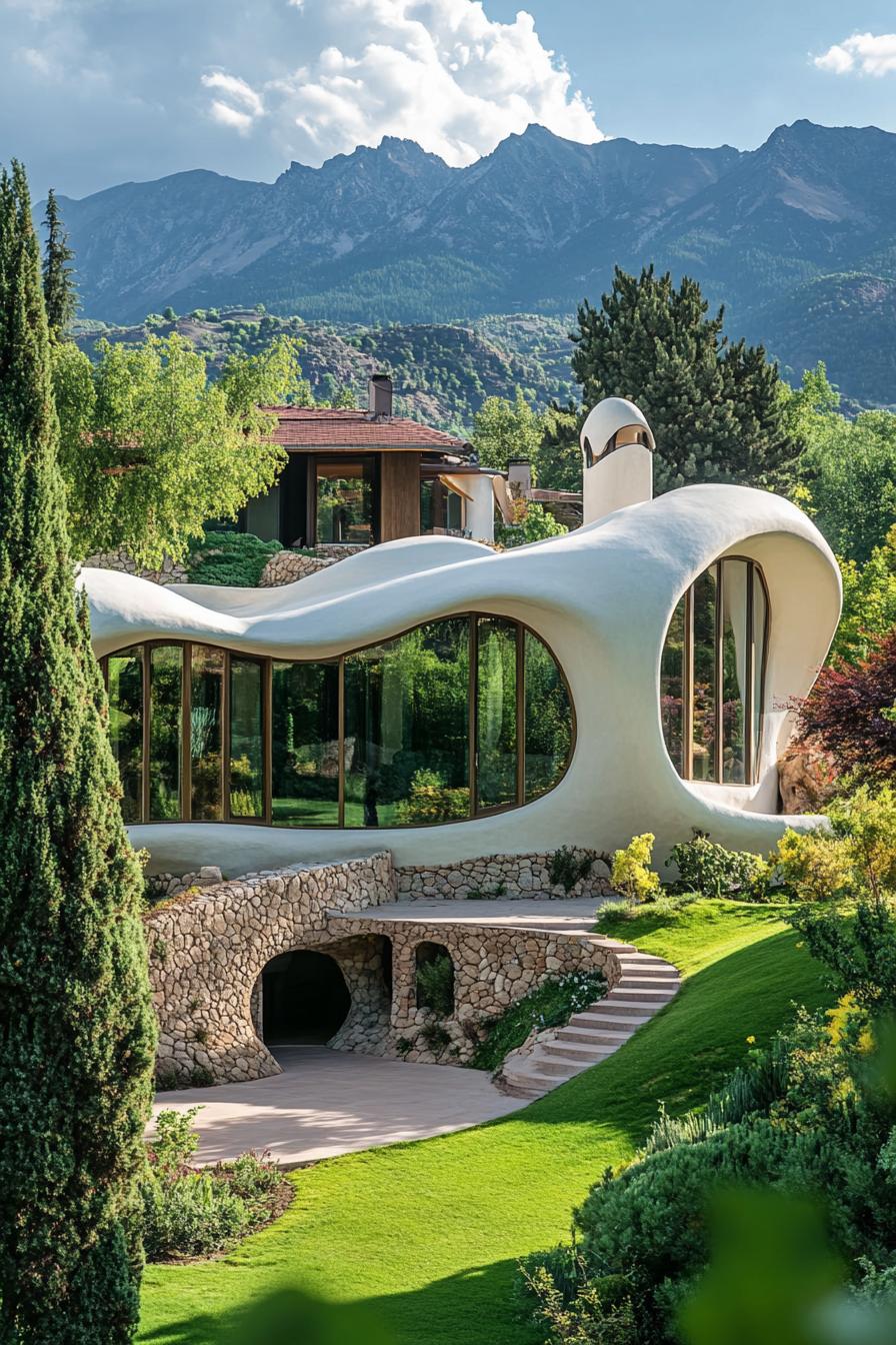 Gaudi style curved organic architecture house with green areas mountain range in the background 3