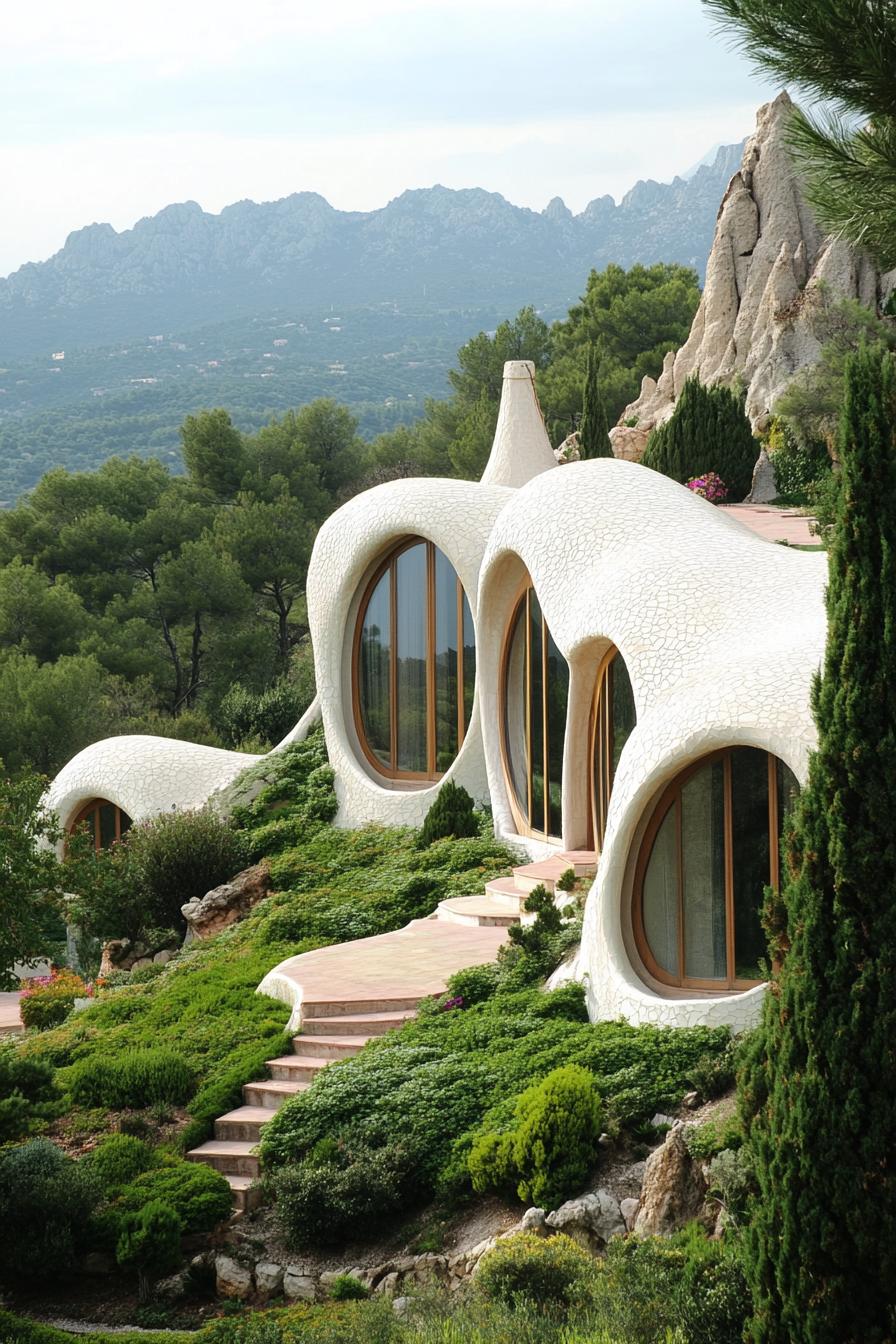 Gaudi style curved organic architecture house with green areas mountain range in the background