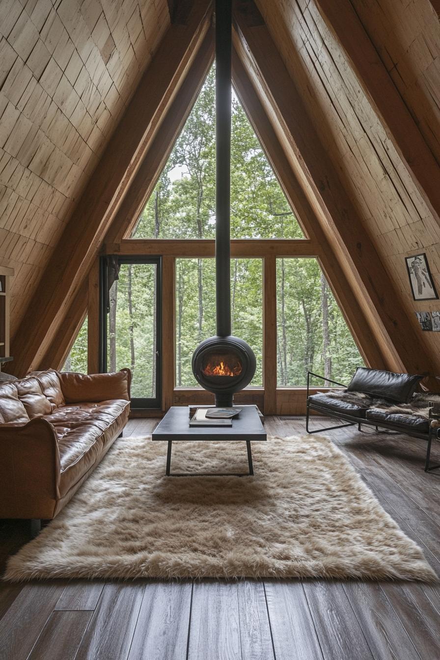 a frame forest cabin interior with natural wood slatted ceiling hardwood floor and big faux fur area rug leather furniture full glass window 2