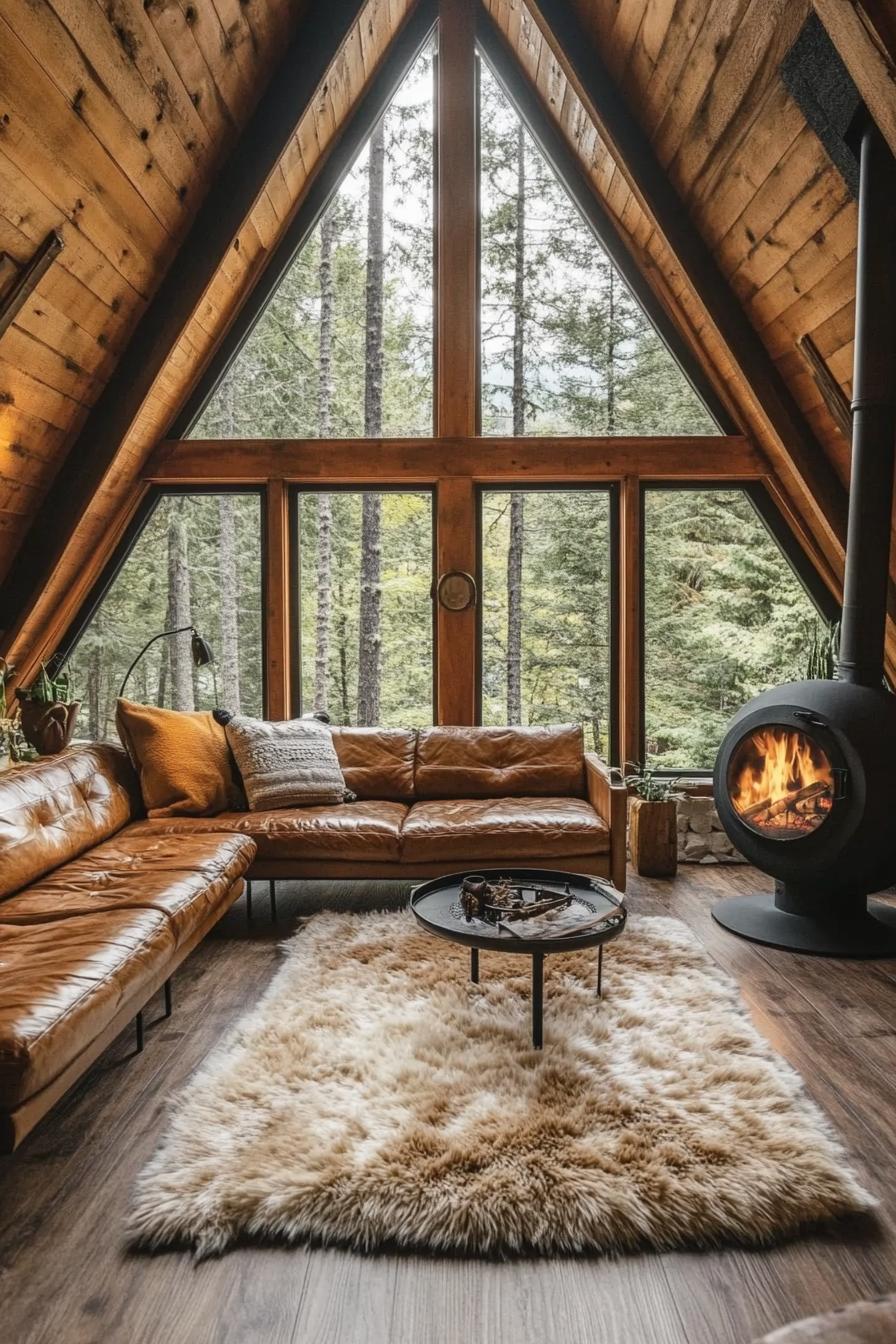 a frame forest cabin interior with natural wood slatted ceiling hardwood floor and big faux fur area rug leather furniture full glass window