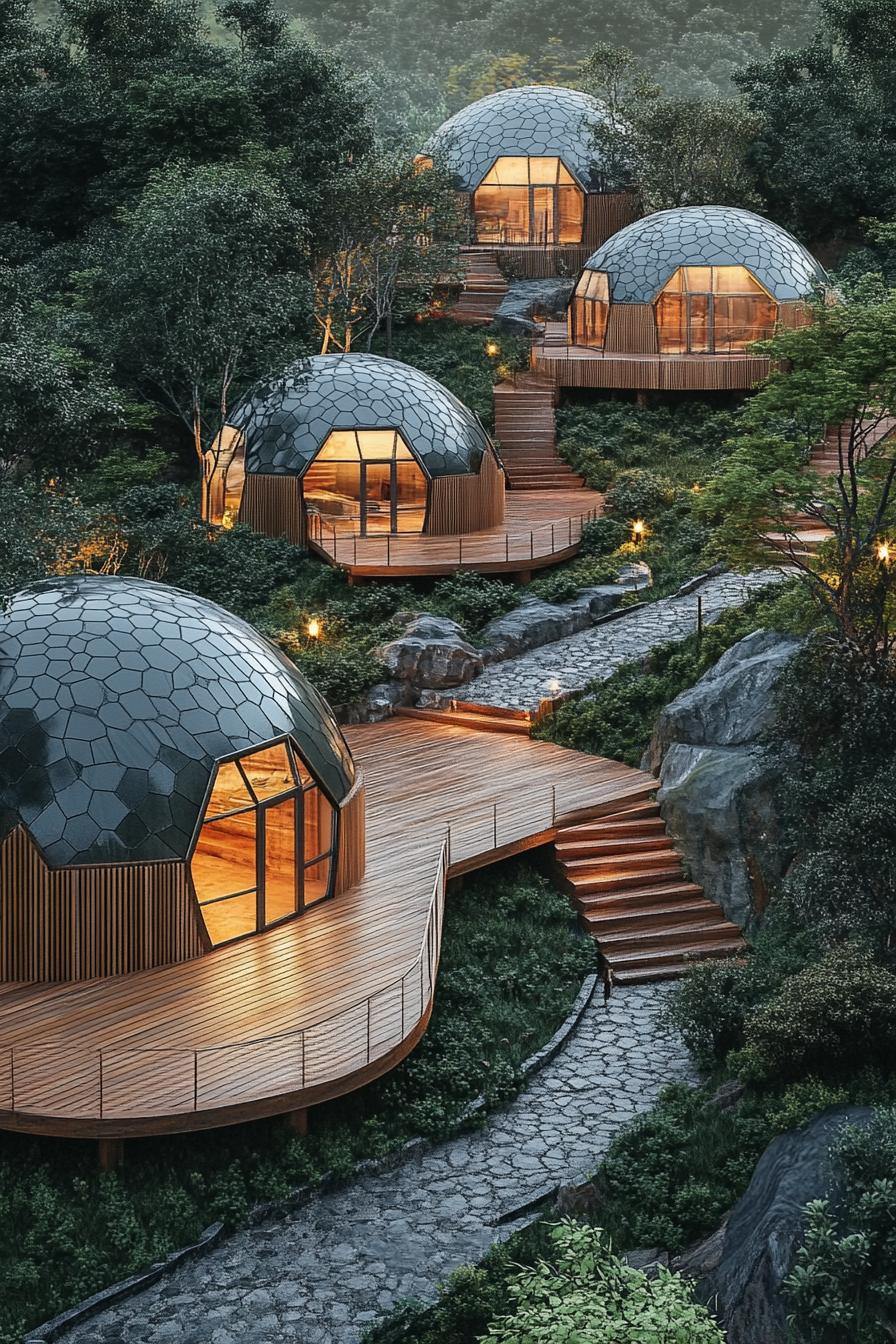 an areal view of a geodesic dome cabins on a hillside with decks all connected with paths and steps