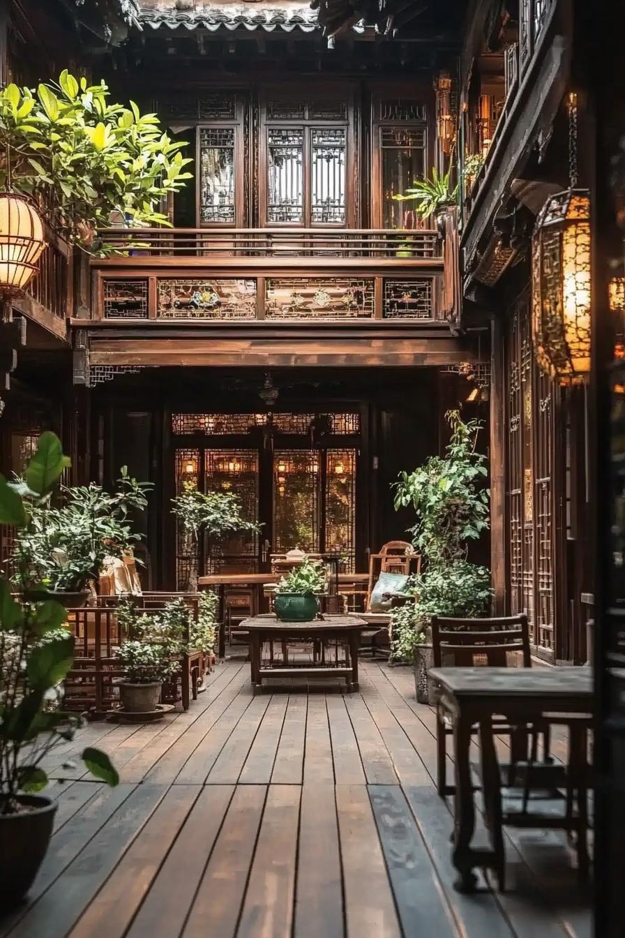 antique chinese house courtyard with hardwood deck antique furniture balcony detailing houseplants 2